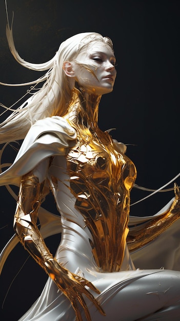 Una donna in oro e bianco con un corpo d'oro e la parola dio sul davanti.