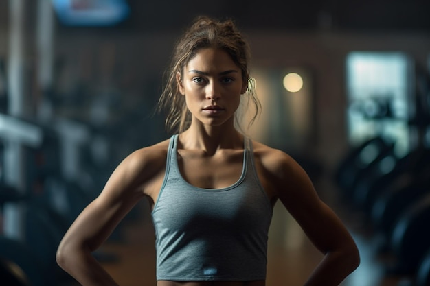 Una donna in palestra con un top blu che dice "sono una ragazza"