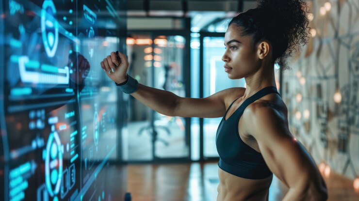 Una donna in palestra usa un moderno touch screen per la tecnologia di miscelazione di fitness interattiva con l'esercizio AIG62