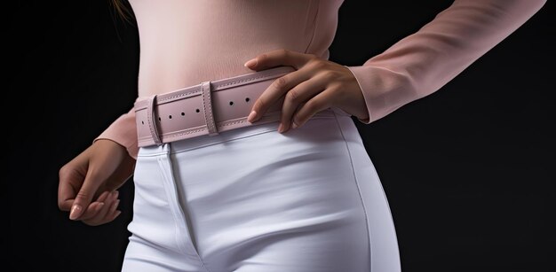 una donna in pantaloni bianchi con una cintura rosa nello stile delle estensioni del corpo