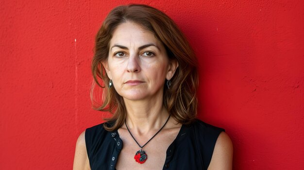 Una donna in piedi contro un muro rosso che indossa una collana