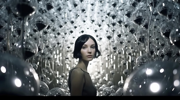 Una donna in piedi davanti a tante sfere trasparenti Generative AI Art