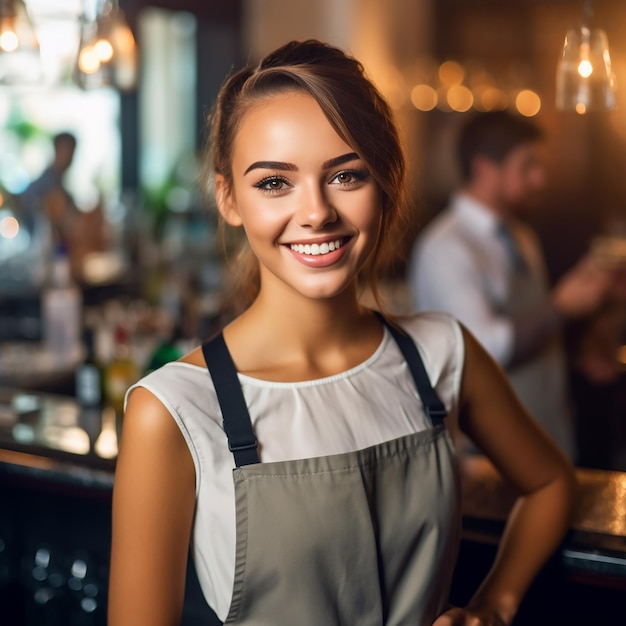 una donna in piedi davanti a un bar con un sorriso sul viso.