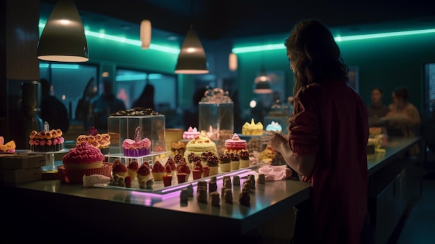 Una donna in piedi davanti a un tavolo pieno di cupcakes.