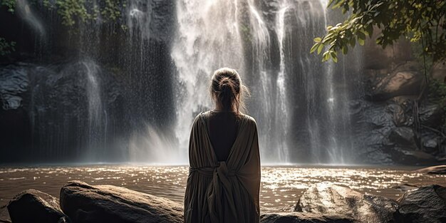 Una donna in piedi davanti a una cascata IA generativa