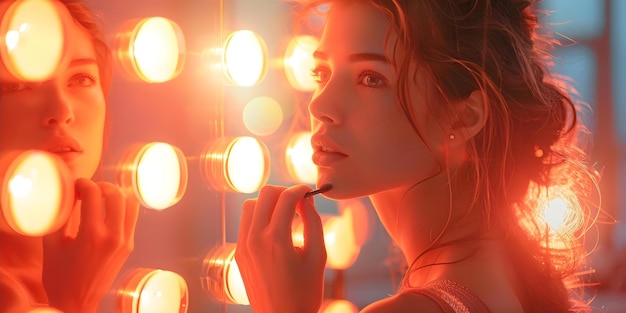 Una donna in piedi davanti a uno specchio che applica delicatamente i cosmetici Concept Beauty Routine Makeup Application Cosmetics Usage Mirror Reflection Personal Grooming
