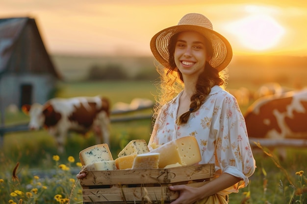 Una donna in piedi in un campo con un cesto di formaggio