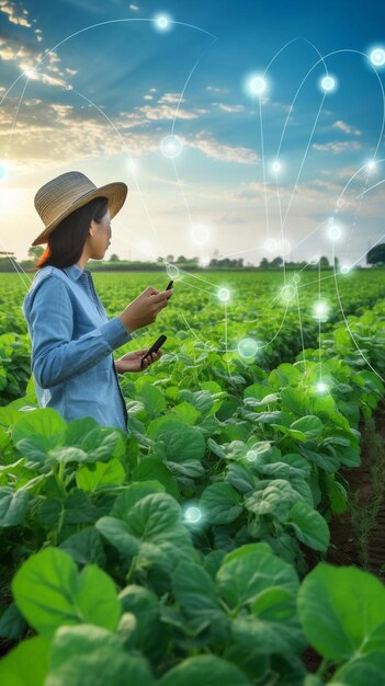 una donna in piedi in un campo utilizzando un telefono cellulare