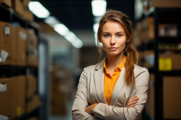 una donna in piedi in un magazzino con le braccia incrociate