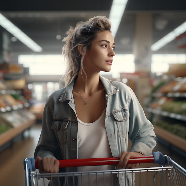 Una donna in piedi in un supermercato che spinge un carrello della spesa alla luce del giorno