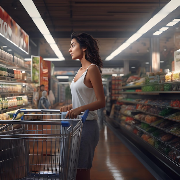 Una donna in piedi in un supermercato che spinge un carrello della spesa alla luce del giorno