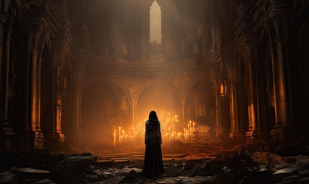 Una donna in piedi in una cattedrale buia di notte