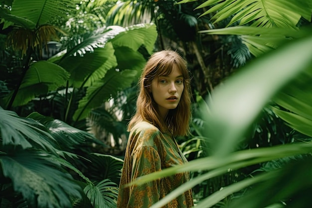 Una donna in piedi in una foresta verde lussureggiante