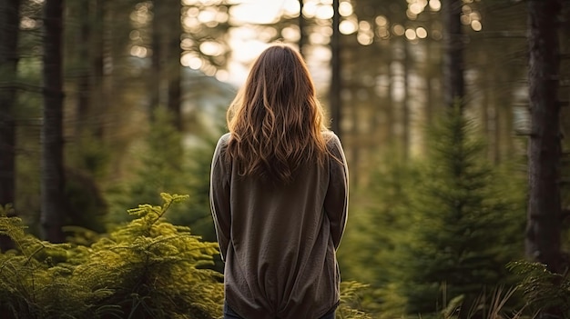 una donna in piedi in una foresta