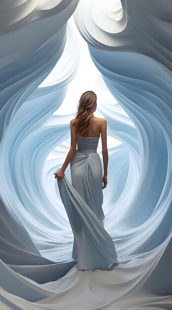 una donna in piedi in una grotta di ghiaccio dietro del ghiaccio nello stile delle onde cromatiche futuristiche
