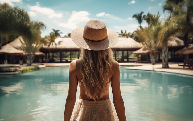 Una donna in piedi in una piscina che indossa un elegante cappello AI