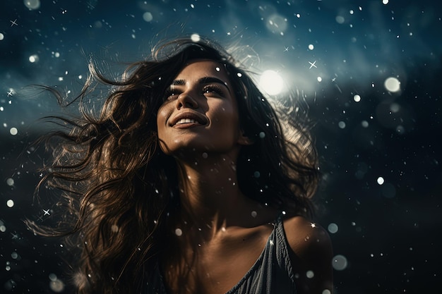 Una donna in piedi sotto la pioggia con i capelli che soffiano nel vento