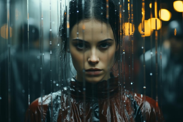 una donna in piedi sotto la pioggia con l'acqua che le gocciola sul viso