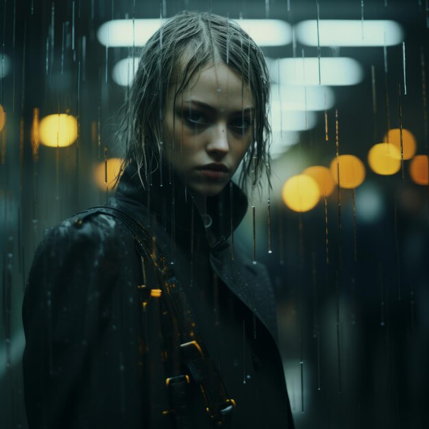 una donna in piedi sotto la pioggia con le mani in tasca