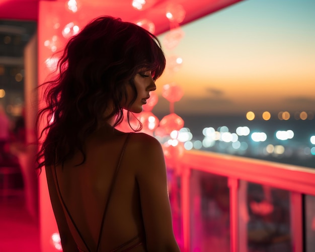 una donna in piedi su un balcone che domina la città di notte