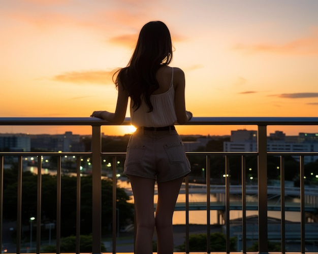 una donna in piedi su un balcone guardando il tramonto
