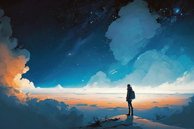 Una donna in piedi su una montagna innevata guardando il cielo