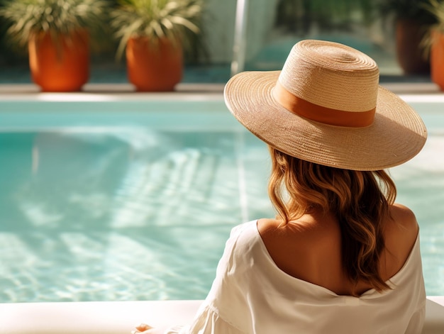 Una donna in piscina in uno stile disinvolto e chic