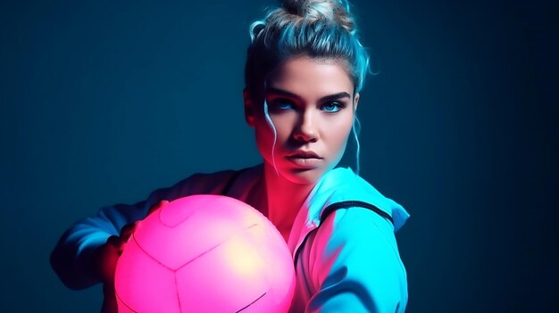 Una donna in possesso di un pallone da calcio davanti a uno sfondo blu