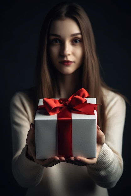 Una donna in possesso di una confezione regalo con un fiocco rosso su di esso.