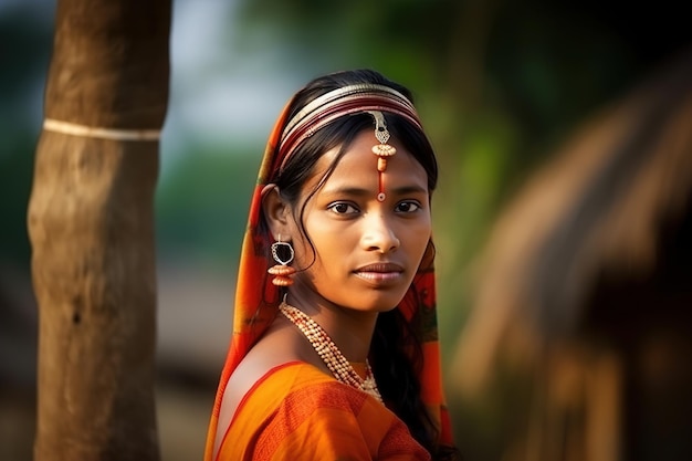 Una donna in sari con un sari rosso in testa