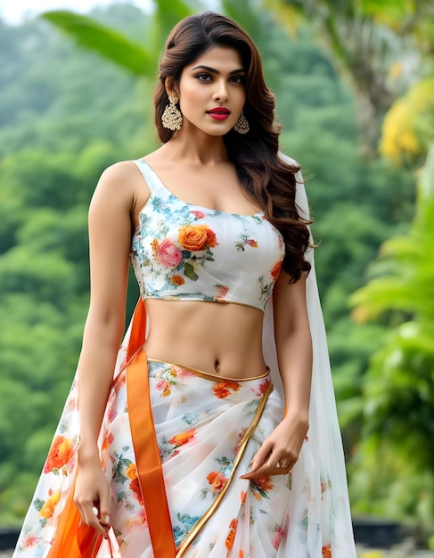 una donna in sari con una cintura floreale alla vita