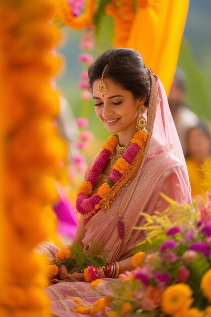 una donna in sari sorride davanti ai fiori