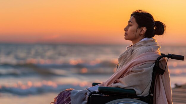 Una donna in sedia a rotelle è seduta sulla spiaggia al tramonto