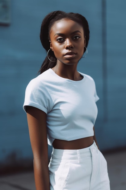 Una donna in top bianco e gonna bianca si trova di fronte a un muro blu.