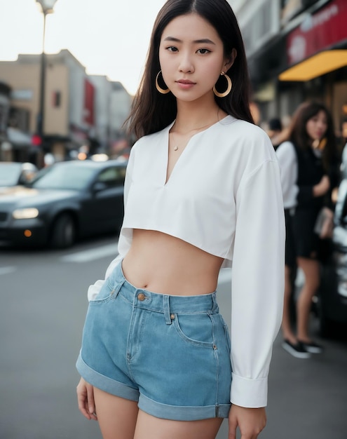 Una donna in top bianco e jeans blu si trova in strada.