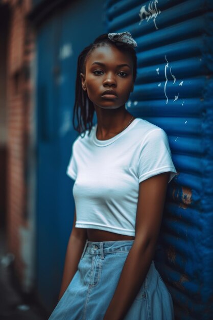 Una donna in top bianco e jeans si trova di fronte a un muro blu.