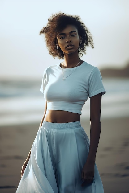 Una donna in top bianco si trova su una spiaggia con indosso una camicia bianca e pantaloni bianchi.