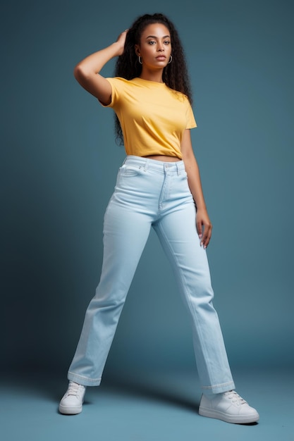 Una donna in top giallo e jeans si trova di fronte a un muro blu.