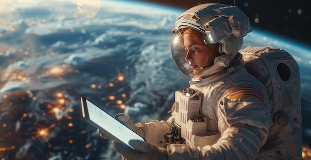 Una donna in tuta spaziale sta guardando un tablet che mostra una mappa della Terra.