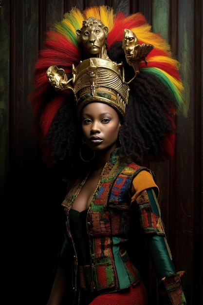 Una donna in un abito colorato con una corona in testa