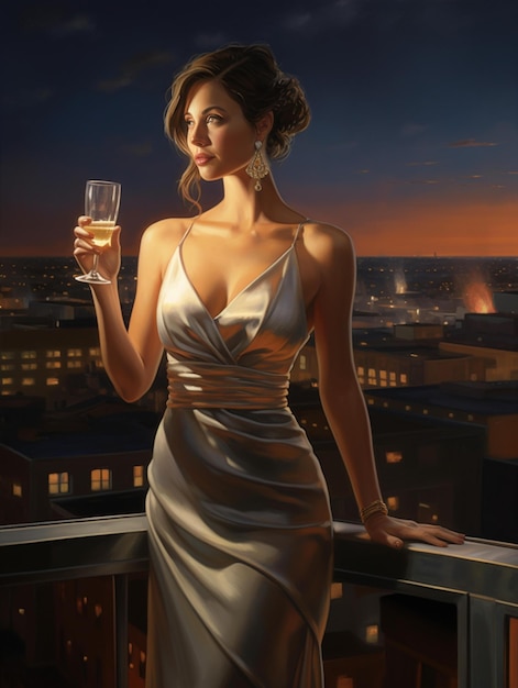 Una donna in un abito d'argento con in mano un bicchiere di vino.