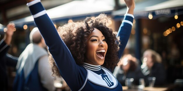 una donna in un abito da cheerleader che alza le braccia in aria