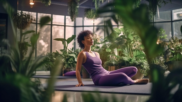 Una donna in un abito da yoga viola siede su un tappetino davanti a una finestra con piante sullo sfondo.
