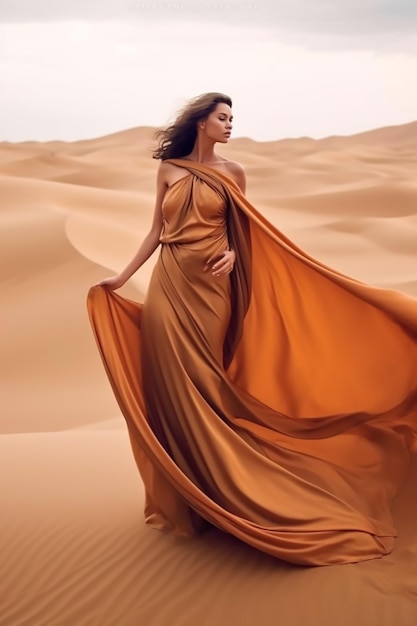 Una donna in un abito fluente si trova nel deserto.