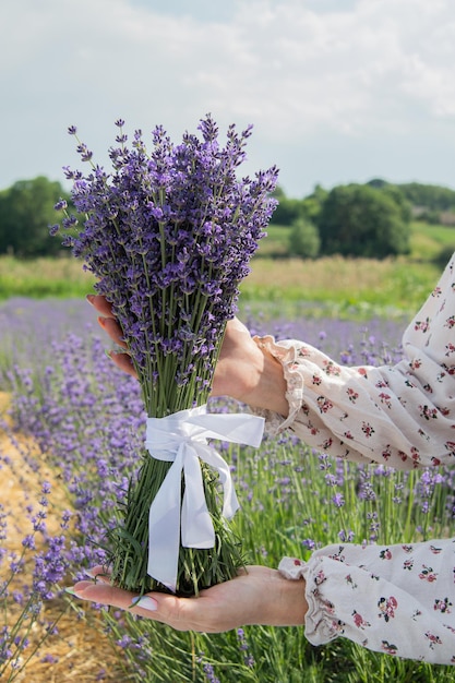 Una donna in un abito leggero tiene in mano un bouquet di lavanda raccolta Fiori di lavanda in estate