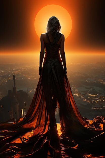 una donna in un abito lungo in piedi di fronte a un tramonto