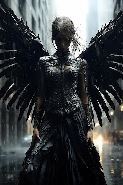 una donna in un abito nero con ali nere