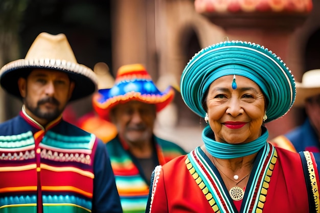 Una donna in un abito tradizionale colorato con un cappello colorato e un uomo che indossa un cappello colorato.