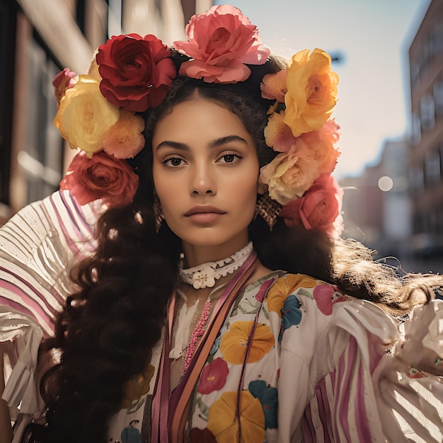 una donna in un abito tradizionale con dei fiori sulla testa