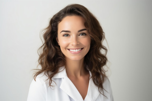 una donna in un camice bianco sorridente